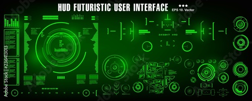 HUD futuristic green user interface, dashboard display virtual reality technology screen, target