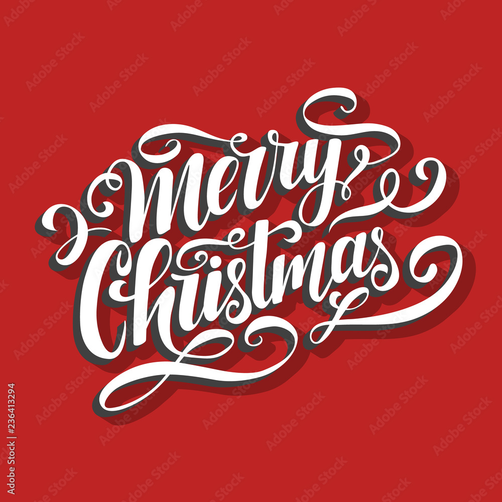 Merry Christmas vector lettering with flourishes. Handwritten typography template. White 3d letters isolated on red background. Festive ornate letters. Hand drawn clipart. Xmas design element.
