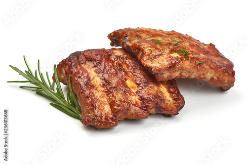 Fotografi Barbecued and Marinated Sticky Spare Ribs with herbs, isolated on a white background