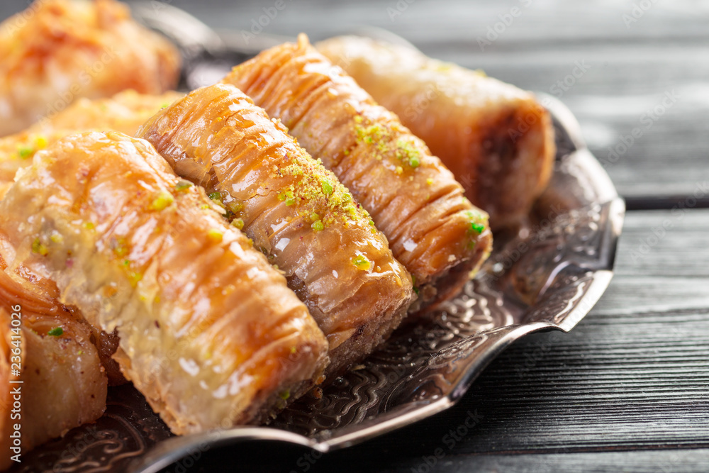 baklava fresh on a plate, baklava served with pistachio baklava fresh on a plate, baklava served with pistachio