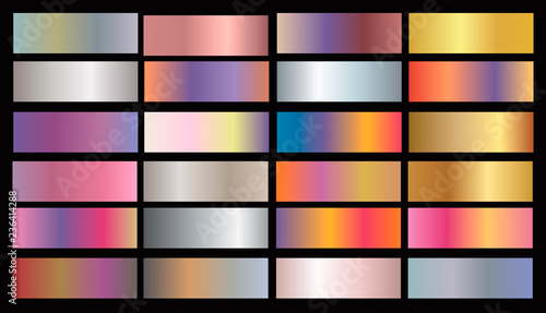 Gold rose, bronze, silver and gold foil texture gradation background set. Vector golden elegant, shiny and metalic gradient collection for chrome border, frame, ribbon, label design