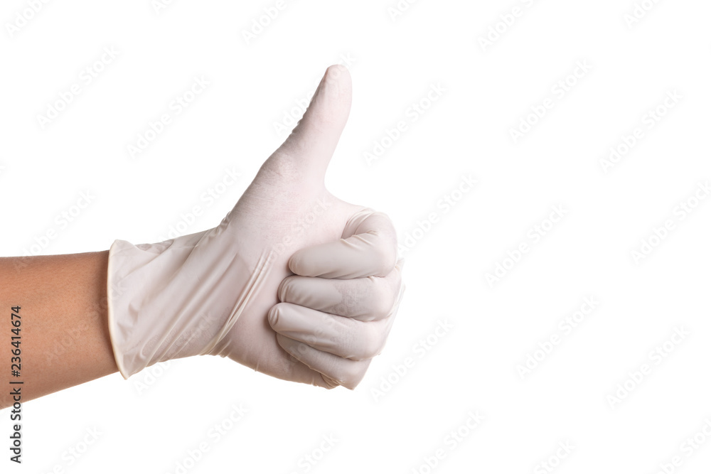 Doctor hand in white latex sterile gloves isolated on white Doctor hand in white latex sterile gloves isolated on white
