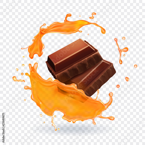Chocolate in caramel splash Realistic vector illustration
