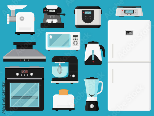 Set of kitchen appliances. Various household equipment. Electronic devices. Modern technology theme. Isolated vector icons in flat style.