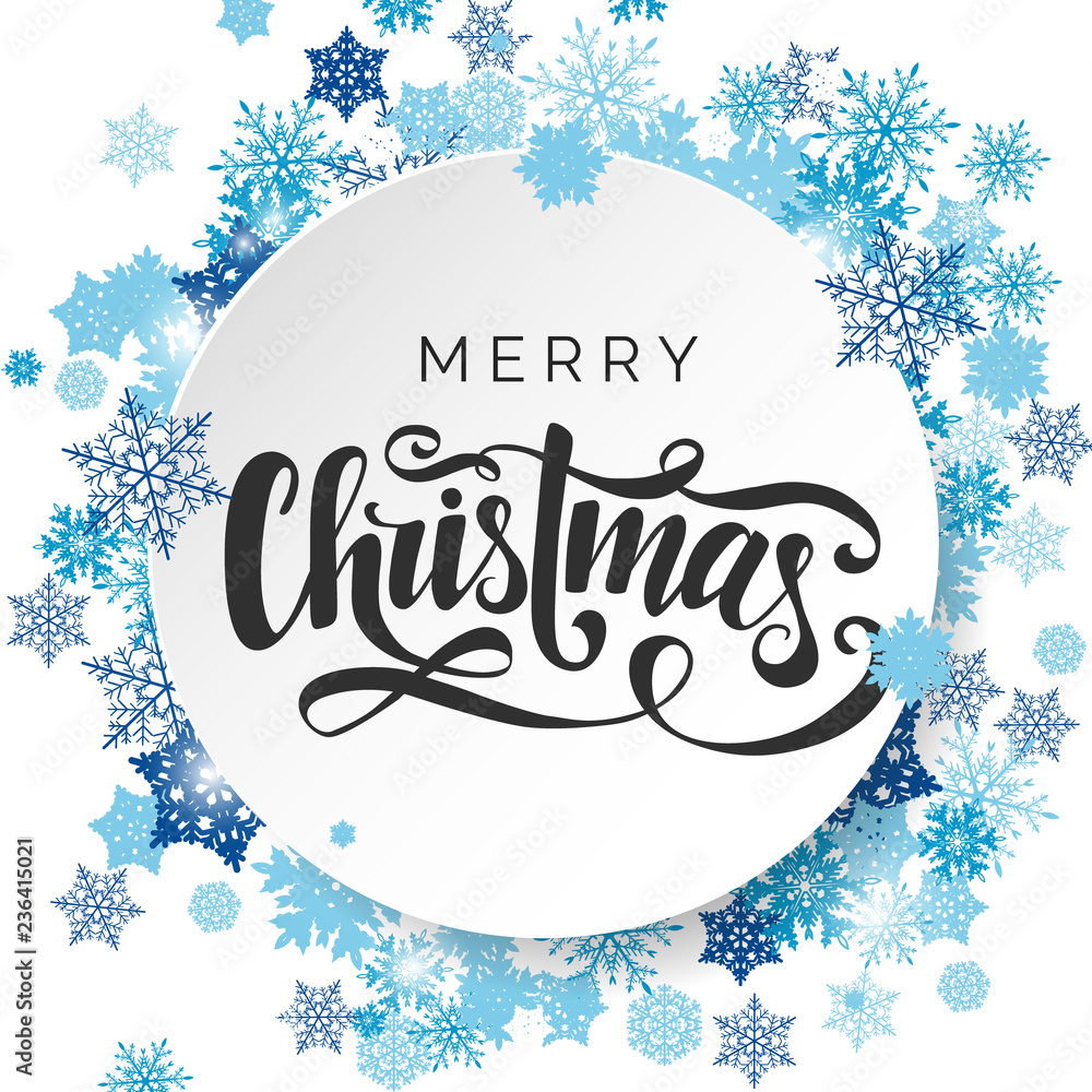 Merry Christmas vector lettering inscription. Handwritten greeting card for Christmas. Handlettering typography poster. White background with blue snowflakes. Xmas design template.