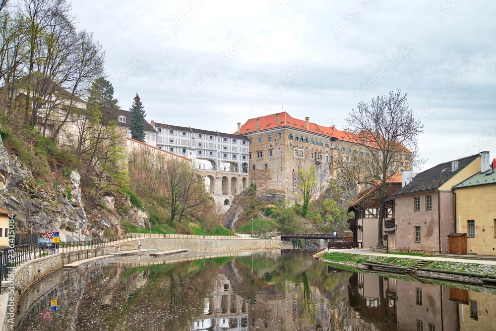 Morning at Cesky Krumlov Castle ,The Cloak Bridge and Upper Castle view from Vltava River, Czech