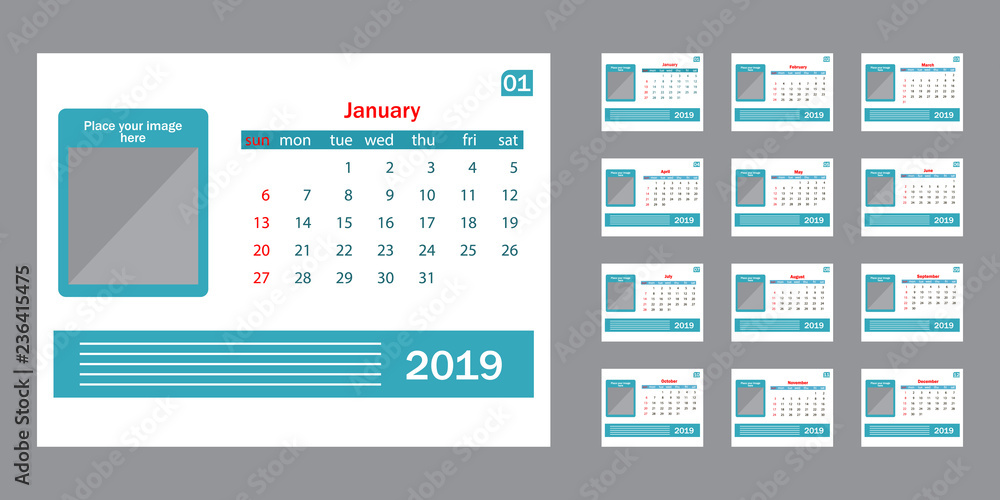 Calendar 2019. Vector template.