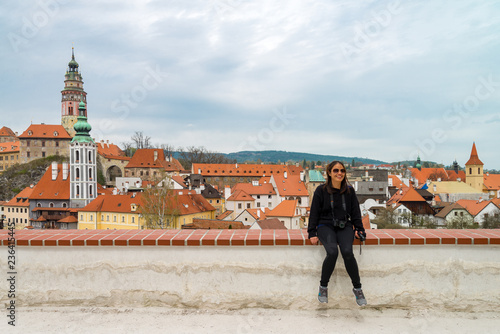 A woman tourlist enjoy view at Cesky Krumlov Castle , Czech