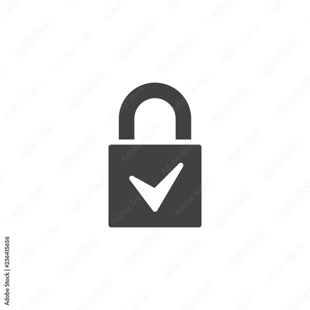 Close padlock with check mark vector icon. filled flat sign for mobile concept and web design. Security Lock accepted simple solid icon. Symbol, logo illustration. Pixel perfect vector graphics Close padlock with check mark vector icon. filled flat sign for mobile concept and web design. Security Lock accepted simple solid icon. Symbol, logo illustration. Pixel perfect vector graphics