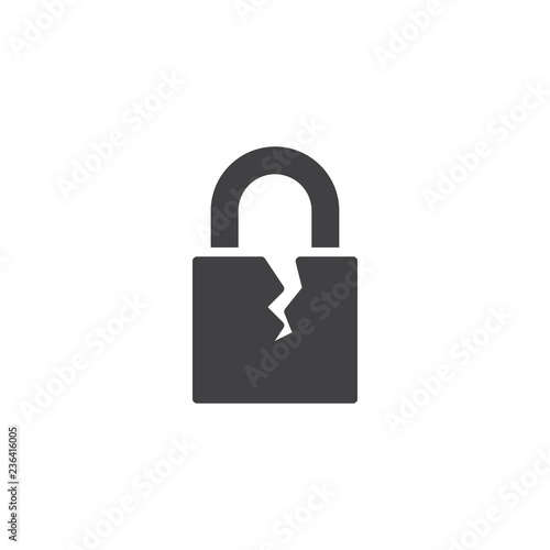 Broken padlock vector icon. filled flat sign for mobile concept and web design. Cracked lock simple solid icon. Symbol, logo illustration. Pixel perfect vector graphics