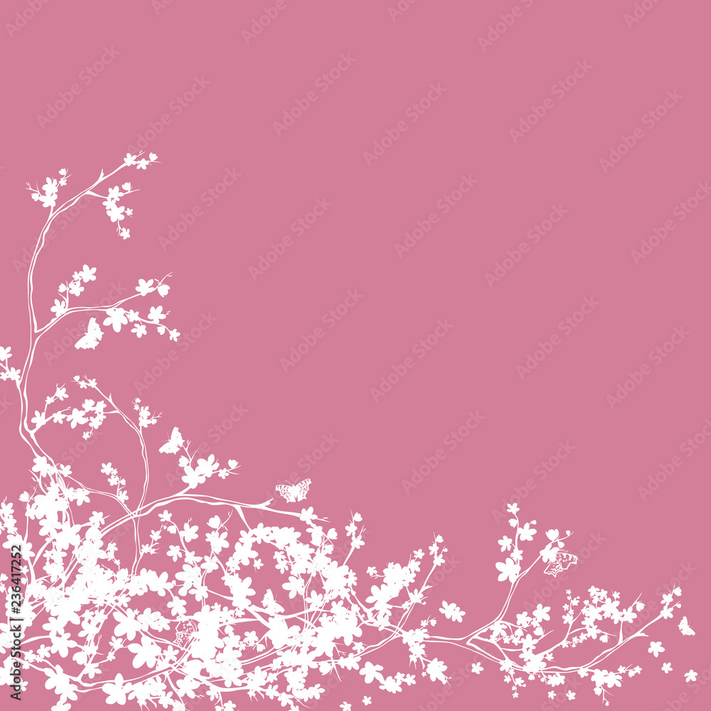Naklejka premium blooming sakura branches and butterflies corner decor - cherry tree blossom vector silhouette
