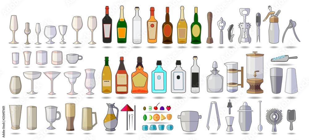 Set of objects bar equipment, Alcohol, tools, Tableware, icons isolated on white. Flat vector. Alcohol color icons set with drink bottles and glass shots isolated vector illustration