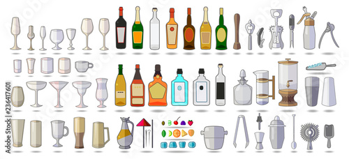 Set of objects bar equipment, Alcohol, tools, Tableware, icons isolated on white. Flat vector. Alcohol color icons set with drink bottles and glass shots isolated vector illustration