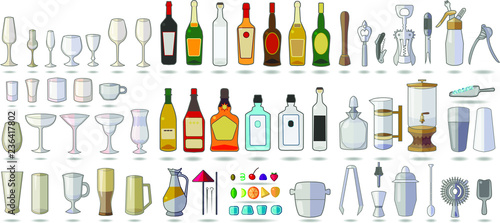 Set of objects bar equipment, Alcohol, tools, Tableware, icons isolated on white. Flat vector. Alcohol color icons set with drink bottles and glass shots isolated vector illustration