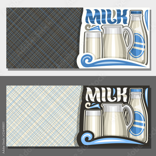 Vector banners for Organic Milk with copy space, leaflets with illustration of purity lactic yoghurt in glass jug and bottle, original typeface for word milk, brochures for department in grocery store