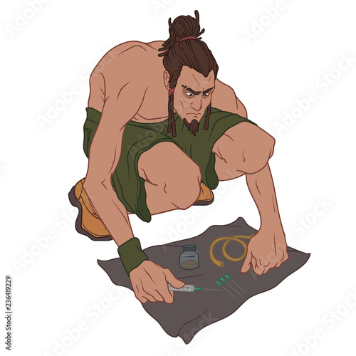 Young man with dreadlocks preparing to do drugs on the floor
