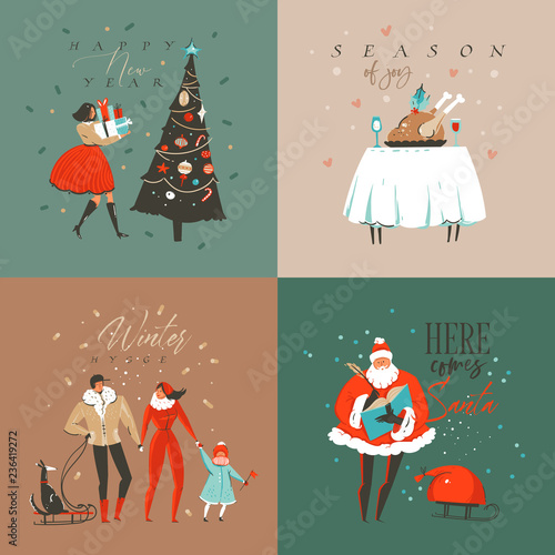 Hand drawn vector abstract fun Merry Christmas and Happy New Year time cartoon illustration greeting card with xmas surprise gift boxes,people and Merry Christmas text isolated on colored background
