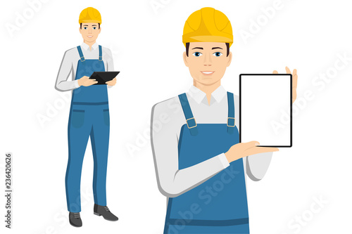 Engineer with a tablet computer isolated on white. Vector illustration