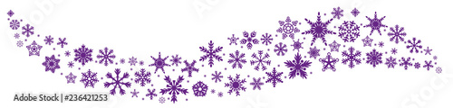 Snowflake vector wave icon background  proton purple color. Flake crystal element. Winter snow gift card or luxury celebration snow sand paillette wind. Glitter trail or confetti burst line.