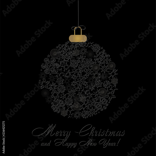 Black Christmas Card with Black Christmas Ball made from  Press out Black Snowflakes on Black Background, vector illustration