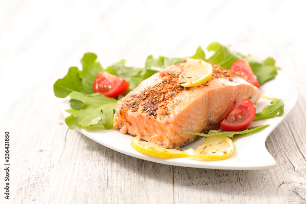 salmon fillet and salad