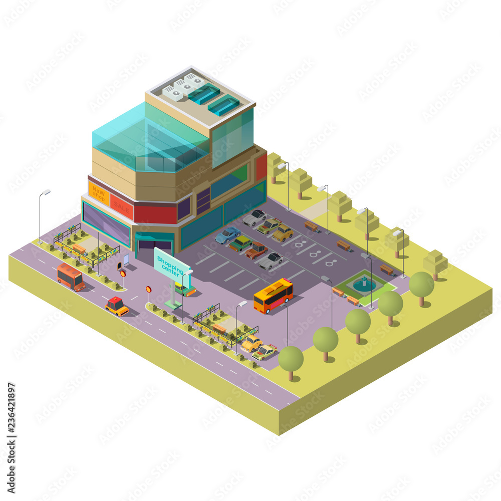 Vector 3d isometric shopping center with parking area. Multistorey modern building with place for different cars, bus stop. Supermarket, mall with glass shop windows. Architecture, cityscape concept.