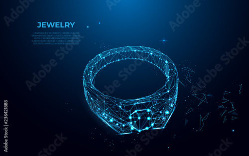 Gold ring with a diamond from particles, lines and triangles on blue background. Polygonal wireframe silhouette of  jewelry. Wedding ring as a symbol of love and loyalty. Mesh art, poly low. 