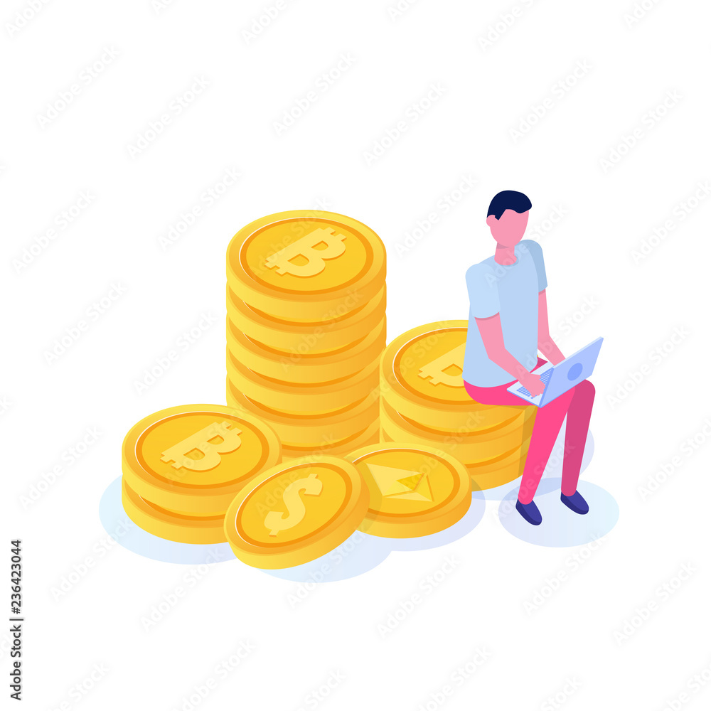 Rich businessman sitting on coin, bitcoin columns isometric concept. Vector illustration Rich businessman sitting on coin, bitcoin columns isometric concept. Vector illustration
