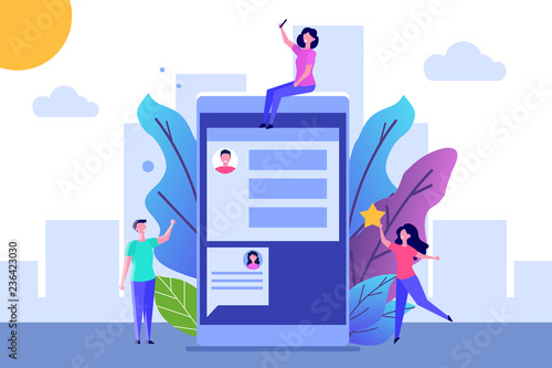 Social concept with characters. Landing page template. Flat style vector illustration.
