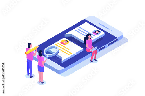 Social media isometric concept with characters. Landing page template. Vector illustration