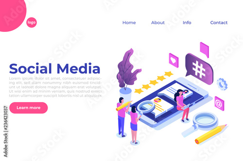 Social media isometric concept with characters. Landing page template. Vector illustration