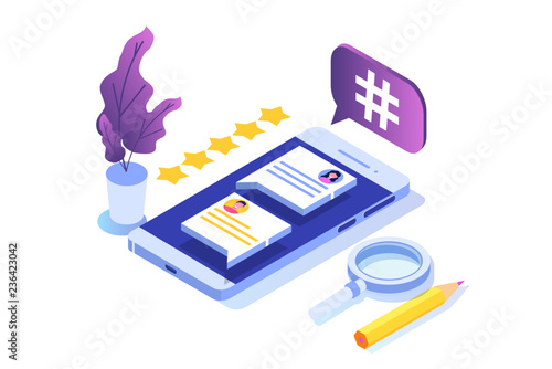 Social media isometric concept with characters. Landing page template. Vector illustration