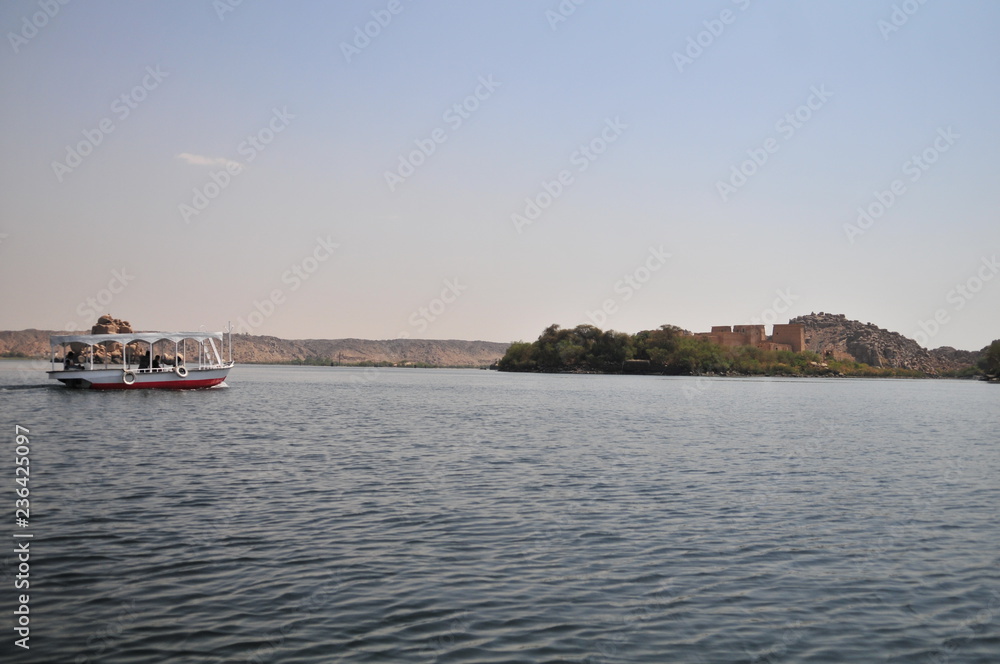 Approaching Philae Temple Island, Lake Nasser, Nile, Aswan, Egypt