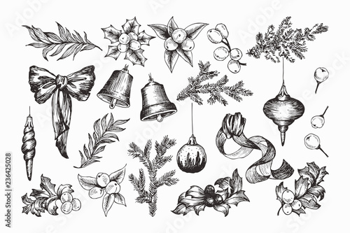 Set of isolated hand drawn monochrome christmas elements with bow, ribbons, conifers, spruce, bell, mistletoe, Christmas toys, berries, eucalyptus, winter ball vector illustration