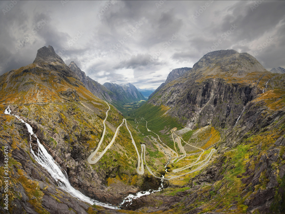 Trollstiegen road in middle Norway. Panoramic look at the valley. Romsdal mountains.