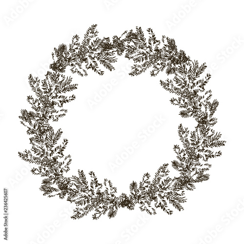Decorative wreath made of branches and cones of pine and spruce trees hand drawn with contour lines. Winter background. Monochrome realistic vector illustration. Template greeting card with pine tree