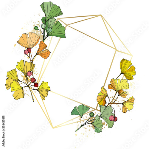 Vector. Ginkgo leaf. Frame golden crystal. Geometric quartz polygon crystal stone polyhedron mosaic shape amethyst gem.