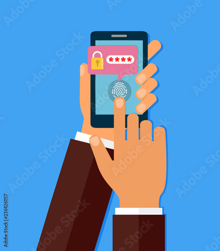 Hands with smartphone unlocked with fingerprint button and password notification vector, mobile phone security, cellphone personal access via finger, user authorization, login, protection technology