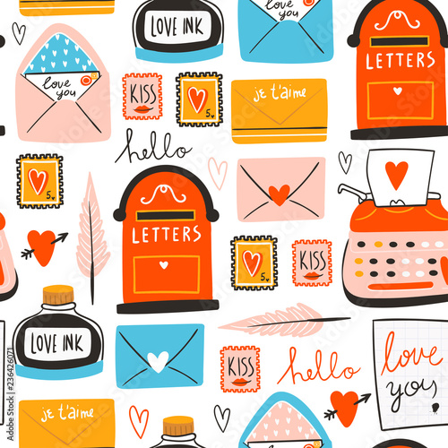 Love post office. Various objects. Saint Valentine's day vector seamless pattern