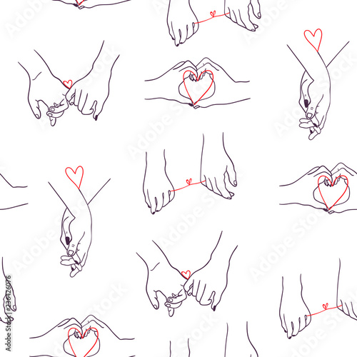 One line drawn holding hands. Saint Valentine's day vector seamless pattern