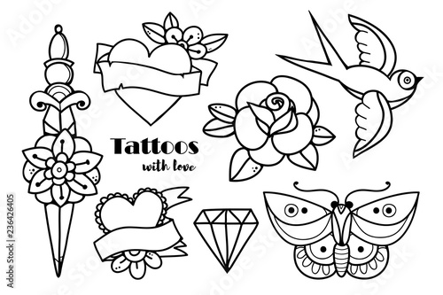 Hand drawn traditional tattoos. Graphic vector set. All elements are isolated