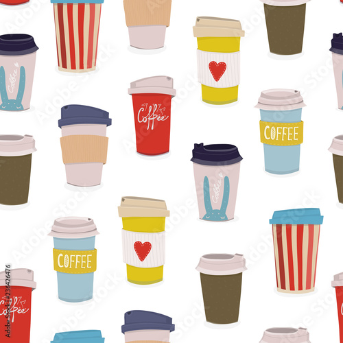 Hand drawn various coffee cups. Vector seamless pattern