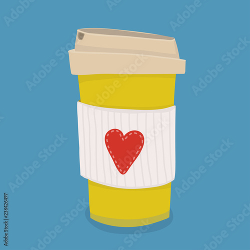 Yellow coffee cup with heart. Hand drawn vector illustration