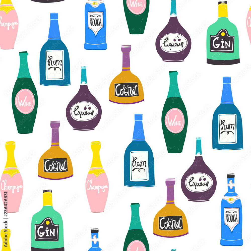 Hand drawn various bottles of alcohol in unique trendy style. Vector seamless pattern Hand drawn various bottles of alcohol in unique trendy style. Vector seamless pattern