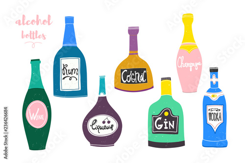 Hand drawn various bottles of alcohol in unique trendy style. Vector illustration for menu design and posters. All elements are isolated