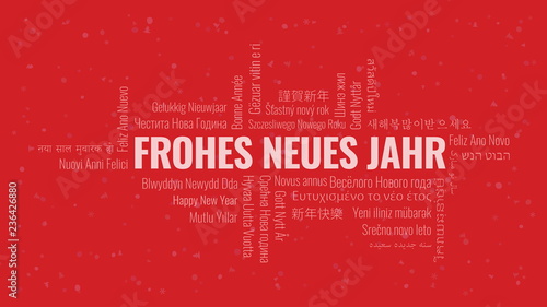 Happy New Year text in German 'Frohes Neues Jahr' with word cloud on a red background