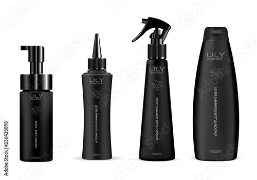 Set of black cosmetic bottles for hair care products: shampoo, gel, soap and other liquids. Dispenser pump, dropper, pistol spray containers. 3d vector mockup packaging design.