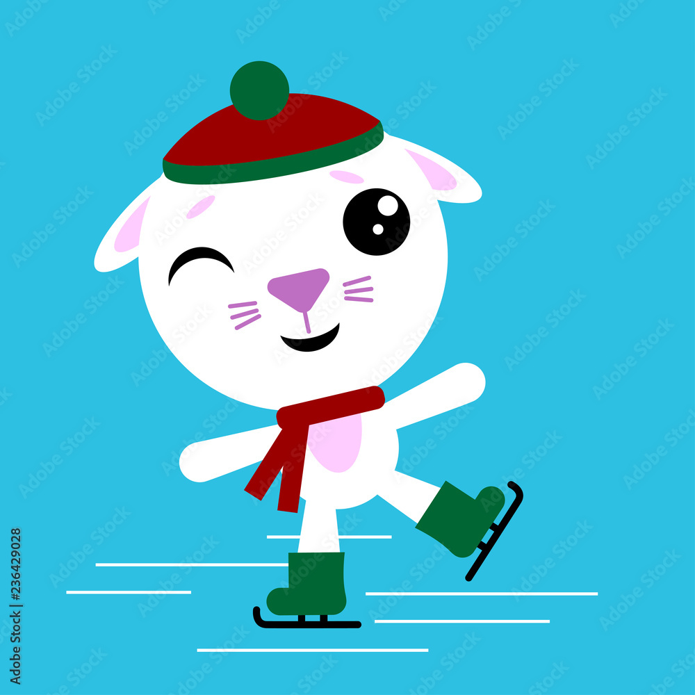 Cute rabbit is skating, dancing on ice. New year and Christmas card composition. Vector Illustration of Happy Cartoon Hare. Cute Kawaii Funny Character.