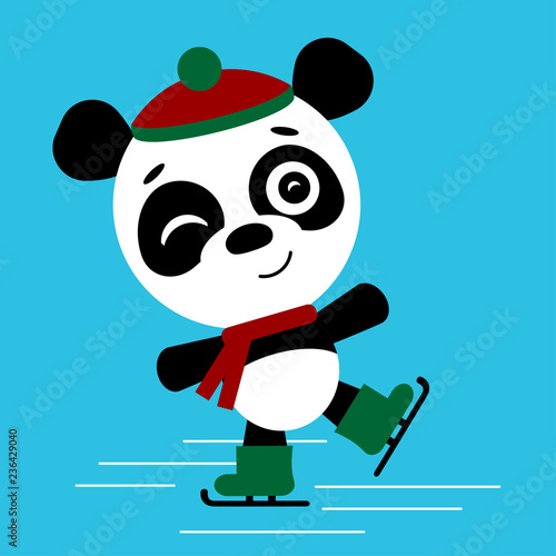 Cute panda is skating, dancing on ice. New year and Christmas card composition. Vector Illustration of Happy Cartoon Bear. Cute Kawaii Funny Character.