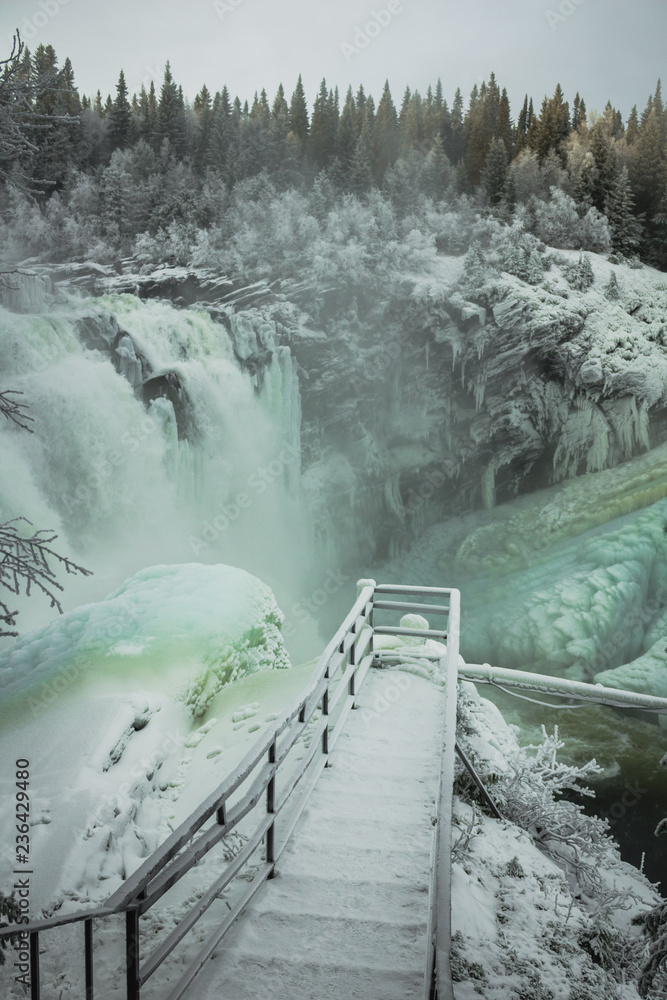 Biggest frozen swedish waterfall Tannforsen in winter time